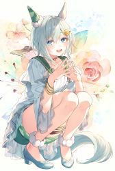 Rule 34 | 1girl, :d, animal ears, bare legs, blue eyes, blue footwear, blue hair, blue shirt, blush, commentary, ear covers, floral background, flower, full body, green sailor collar, green shorts, hair between eyes, hair flower, hair ornament, high heels, highres, horse ears, horse girl, horse tail, long sleeves, looking at viewer, open mouth, sailor collar, seiun sky (umamusume), shirt, short hair, short shorts, shorts, smile, solo, squatting, steepled fingers, tail, teeth, thigh strap, toosaka asagi, umamusume, upper teeth only, wristband