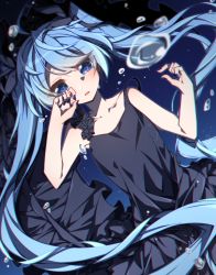 Rule 34 | 1girl, absurdly long hair, absurdres, ahoge, aosaki yato, black dress, blue eyes, blue hair, blue nails, bubble, cowboy shot, crying, crying with eyes open, dress, dutch angle, frilled dress, frills, hands up, hatsune miku, highres, light blue hair, long hair, looking at viewer, nail polish, open mouth, shinkai shoujo (vocaloid), solo, tears, twintails, underwater, very long hair, vocaloid, wiping tears