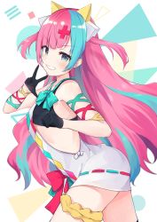 Rule 34 | 1girl, bare shoulders, black gloves, blue hair, blush, commentary, dress, gloves, green eyes, grin, hair ornament, half gloves, hand up, highres, long hair, looking at viewer, multicolored hair, pink hair, pinky pop hepburn, racchi., ribbon-trimmed dress, ribbon trim, sidelocks, sleeveless, sleeveless dress, smile, solo, the moon studio, two-tone hair, v, very long hair, virtual youtuber, white dress