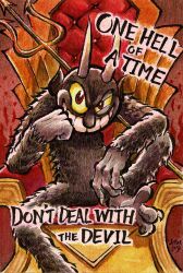 Rule 34 | 1boy, arm on knee, clenched hand, colored sclera, commentary request, cuphead (game), demon, demon horns, english text, fiery background, fingernails, fire, grey fur, half-closed eye, hand on own chin, highres, horns, looking at viewer, open mouth, over shoulder, pitchfork, red background, red eyes, sharp fingernails, sharp toenails, signature, sitting, smile, teeth, the devil (cuphead), throne, toenails, weapon, weapon over shoulder, white horns, yamato koara, yellow sclera