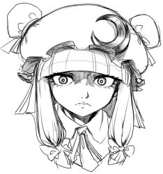 Rule 34 | 1girl, bow, crescent, eyelashes, greyscale, hair bow, hat, monochrome, patchouli knowledge, portrait, sketch, solo, spacezin, touhou