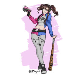 Rule 34 | 1girl, absurdres, animal print, arm support, baseball bat, belt, belt buckle, breasts, brown eyes, brown hair, buckle, clothes writing, cosplay, crop top, d.va (overwatch), dc comics, facepaint, facial mark, finger on trigger, full body, grey pantyhose, grey shirt, gun, handgun, harley quinn, highres, holding, holding gun, holding weapon, jacket, long hair, looking at viewer, medium breasts, midriff, navel, overwatch, overwatch 1, pantyhose, pantyhose under shorts, pistol, rabbit belt buckle, shirt, shoes, shorts, sketch, smile, sneakers, solo, standing, suicide squad, twintails, twitter username, weapon, whisker markings, white background, zeqiox