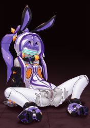 Rule 34 | android, animal ears, rabbit ears, high heels, highres, musen-shiki sanhankikan, ponytail, purple hair, pussy, robot, shoes, spread legs, topless, torn clothes, uncensored, virtual on