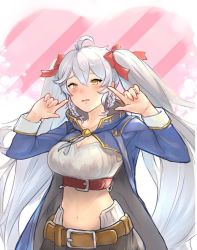 Rule 34 | 1girl, ahoge, belt, blue coat, blush, braid, breasts, brown pants, cleavage, coat, crop top, granblue fantasy, grey hair, hands up, high collar, highres, large breasts, long hair, long sleeves, looking at viewer, mabu (mabu mmm), midriff, navel, open mouth, pants, pointing, pointing at self, shirt, sidelocks, silva (granblue fantasy), solo, twintails, upper body, white shirt, yellow eyes