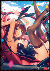 Rule 34 | 1girl, animal ears, armpits, arms up, ass, bare arms, bare shoulders, black eyes, black hairband, black leotard, bow, bowtie, breasts, brown hair, brown thighhighs, cleavage, detached collar, fake animal ears, garter straps, hairband, highres, large breasts, latex, legs up, leotard, long hair, looking at viewer, lying, on back, original, rabbit ears, smile, solo, strapless, strapless leotard, suihei sen, sweat, thighhighs, thighs, tongue, tongue out, v, vehicle interior, wrist cuffs