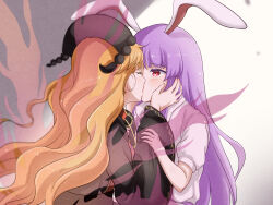 Rule 34 | 2girls, animal ears, belt, black belt, black dress, black headwear, blush, bow, bowtie, breasts, chinese clothes, closed eyes, collared shirt, commission, dress, energy, gradient background, grey background, hair between eyes, hands on another&#039;s face, hands up, hat, highres, junko (touhou), kiss, long hair, long sleeves, looking at another, mandarin collar, medium breasts, multiple girls, orange hair, phoenix crown, pixiv commission, pom pom (clothes), puffy short sleeves, puffy sleeves, purple belt, purple hair, rabbit ears, red eyes, red tabard, reisen udongein inaba, shimalice, shirt, short sleeves, sidelocks, standing, tabard, touhou, white background, white shirt, wide sleeves, wing collar, yellow bow, yellow bowtie, yuri