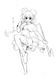 Rule 34 | 1girl, animal ears, basket, dowsing rod, female focus, graphite (medium), greyscale, monochrome, mouse (animal), mouse ears, mouse tail, nazrin, shoka, sketch, skirt, solo, tail, touhou, traditional media, white background