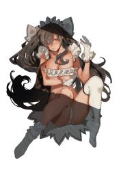 Rule 34 | 1girl, absurdres, arutera, ass, bad id, bad pixiv id, black hair, breasts, cleavage, frills, gloves, highres, huge breasts, long hair, original, red eyes, simple background, solo, thighhighs, very long hair, white background, white gloves, white thighhighs