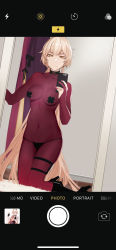 1girl, absurdres, black choker, black footwear, black panties, blonde hair, bodysuit, boots, breasts, cellphone, choker, closed mouth, collarbone, covered navel, erect nipples, eyebrows visible through hair, girls frontline, high heel boots, high heels, highres, holding, holding phone, long hair, looking at viewer, medium breasts, nail polish, ots-14 (girls frontline), panties, phone, phone screen, purple bodysuit, purple nails, salty eyes, screen, simple background, sitting, sitting on floor, smartphone, solo, underwear, yellow eyes