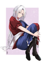 Rule 34 | 1girl, absurdres, black footwear, blue dress, blue eyes, boots, closed mouth, cross-laced footwear, dress, frilled sleeves, frills, grey hair, highres, long hair, looking at viewer, red dress, short sleeves, signature, smile, solo, touhou, two-tone dress, very long hair, yagokoro eirin, yagoro kusuriya