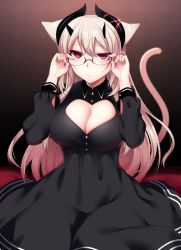 Rule 34 | 1girl, animal ears, bespectacled, black dress, blush, breasts, cleavage, cleavage cutout, closed mouth, clothing cutout, commentary request, dress, glasses, glint, hands up, heart cutout, horns, konshin, large breasts, long sleeves, looking at viewer, original, pink hair, red-framed eyewear, red eyes, semi-rimless eyewear, sitting, solo, under-rim eyewear