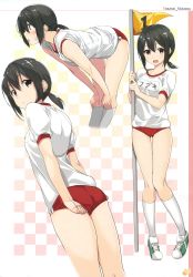 Rule 34 | 10s, 1girl, :d, absurdres, adjusting buruma, adjusting clothes, ass, bent over, brown eyes, buruma, flag, from behind, from side, fubuki (kancolle), gintarou (kurousagi108), gym uniform, hair tie, hands on own knees, highres, kantai collection, kneehighs, low ponytail, multiple views, name tag, numbered flag, open mouth, shoes, smile, sneakers, socks, sports festival, sweatdrop, white socks