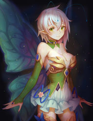 Rule 34 | 1girl, absurdres, arms at sides, bare shoulders, blonde hair, breasts, bridal gauntlets, bug, butterfly, butterfly wings, cleavage, closed mouth, commentary request, cowboy shot, detached collar, earrings, elbow gloves, fairy, gloves, graphite (medium), green eyes, highres, insect, insect wings, jewelry, large breasts, looking at viewer, nail polish, original, pointy ears, revision, short hair, sleeveless, smile, solo, sonikey0 0, standing, thighs, traditional media, wings