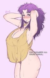 Rule 34 | 1girl, armpit crease, armpits, arms behind head, arms up, ass, bare shoulders, bawdy, blush, bottomless, breasts, cleavage, collarbone, covered erect nipples, covered navel, cowboy shot, curvy, english text, female focus, huge breasts, katsuragi misato, lipstick, looking at viewer, makeup, navel, neon genesis evangelion, no bra, nose blush, pale skin, parted lips, pubic hair, purple hair, see-through, shirt, sideboob, sidelocks, sleeveless, sleeveless shirt, solo, standing, sweat, thighs, yellow shirt