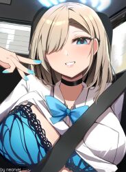 Rule 34 | 1girl, absurdres, asuna (blue archive), blonde hair, blue archive, blue bra, blue nails, bra, breasts, car interior, grin, hair over one eye, halo, highres, lace, lace bra, large breasts, long hair, looking at viewer, nail polish, nearvel, school uniform, shirt, smile, solo, underwear, v, white shirt