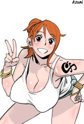 Rule 34 | 1girl, azumi (artist), bangle, bent over, black eyes, blush, bracelet, breasts, cleavage, hand on own hip, hanging breasts, huge breasts, jewelry, log pose, nami (one piece), one piece, orange hair, ponytail, short hair, short shorts, shorts, smile, solo, tank top, tattoo, v, watch, wristwatch