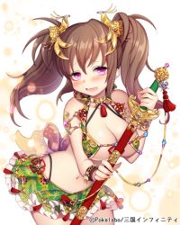 Rule 34 | 1girl, bad id, bad pixiv id, blush, bracelet, breasts, brown hair, byulzzi, character request, cleavage, embarrassed, frilled skirt, frills, green skirt, holding, holding weapon, jewelry, large breasts, long hair, lots of jewelry, midriff, navel, open mouth, purple eyes, sangoku infinity, shiny skin, skirt, solo, sword, twintails, weapon, white background