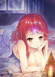 Rule 34 | 1girl, bed, blanket, breasts, brown eyes, candle, cleavage, facial mark, forehead mark, hat, long hair, lying, mother demon (sword girls), nude, nyan (themare), on stomach, original, red hair, santa hat, smile, solo, sword girls, themare, window