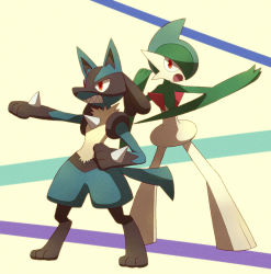 Rule 34 | 00s, angry, animal ears, arm up, back-to-back, beige background, blue hair, clenched teeth, colored skin, creatures (company), fighting stance, from behind, full body, furry, gallade, game freak, gen 4 pokemon, green hair, green skin, hair over one eye, hand up, looking at viewer, looking back, lucario, multicolored hair, multicolored skin, nintendo, no humans, open mouth, outstretched arm, pokemon, pokemon (creature), red eyes, sharp teeth, shiwo (siwosi), short hair, standing, tail, teeth, two-tone hair, two-tone skin, white skin, wolf ears