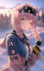 Rule 34 | 1girl, ;d, absurdres, arknights, black hairband, black ribbon, blue coat, blush, bracelet, braid, cat, coat, day, goldenglow (arknights), hair ribbon, hairband, highres, id card, infection monitor (arknights), jewelry, lightning bolt print, long hair, long sleeves, looking at viewer, multicolored coat, one eye closed, open clothes, open coat, open mouth, outdoors, pink coat, ribbon, shirt, single braid, smile, snow, solo, sunlight, tree, two-tone coat, unzipped, upper body, welt (kinsei koutenkyoku), white shirt, winter, yellow eyes