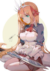Rule 34 | 1girl, absurdres, ahoge, ascot, blue eyes, blush, breasts, buttons, childwolf, cleavage, closed mouth, commentary request, double-breasted, gloves, green eyes, hair ornament, hair ribbon, hands on lap, highres, holding, holding sword, holding weapon, large breasts, long hair, looking down, miniskirt, orange hair, pecorine (princess connect!), princess connect!, puffy short sleeves, puffy sleeves, red ascot, red skirt, ribbon, seiza, short sleeves, sidelocks, signature, sitting, skirt, smile, solo, sword, tiara, very long hair, weapon
