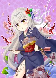 Rule 34 | 1girl, :o, arrow (projectile), azur lane, bell, black kimono, blue flower, blush, brown eyes, brown ribbon, commentary request, flower, grey hair, hair flaps, hair flower, hair ornament, hair ribbon, hamaya, holding, holding arrow, japanese clothes, jingle bell, kimono, long hair, long sleeves, looking at viewer, mole, mole under eye, noname (reticulian), obi, parted lips, pink flower, print kimono, purple background, red flower, ribbon, sash, solo, tattoo, very long hair, white ribbon, wide sleeves, z46 (azur lane)