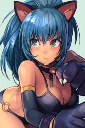 Rule 34 | 1girl, animal ears, animal hands, bare shoulders, bell, bikini, black bikini, black gloves, blue hair, blush, breasts, cat ears, choker, cleavage, closed mouth, collarbone, elbow gloves, gloves, hair between eyes, hungry clicker, jingle bell, large breasts, leona heidern, long hair, looking to the side, o-ring, paw gloves, ponytail, simple background, snk, snk heroines: tag team frenzy, solo, swimsuit, the king of fighters
