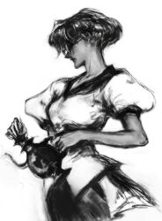 1girl absurdres dark-skinned_female dark_skin glasses greyscale highres himemiya_anthy holding holding_teapot looking_to_the_side monochrome nahzar777 shirt short_sleeves shoujo_kakumei_utena solo teapot white_background white_shirt