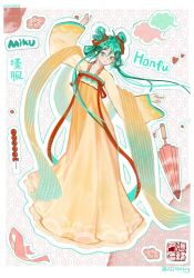 1girl aqua_eyes aqua_hair china chinese_clothes chinese_empire flower hanfu hatsune_miku highres long_hair long_sleeves orange_hanfu parasol pink_flower qixiong_ruqun shawl solo umbrella vocaloid worldwide_miku zjjhpazxy