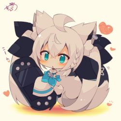 Rule 34 | 1girl, :&lt;, ahoge, animal ears, black pantyhose, black ribbon, blue eyes, blue neckerchief, blush, braid, brown background, chibi, commentary request, fox ears, fox girl, fox tail, full body, grey hair, hair ribbon, handheld game console, heart, highres, holding, holding handheld game console, hololive, long sleeves, muuran, neckerchief, pantyhose, parted lips, ribbon, shirakami fubuki, shirt, signature, sleeves past fingers, sleeves past wrists, solo, standing, tail, translation request, triangle mouth, virtual youtuber, white shirt