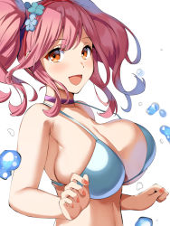 Rule 34 | 1girl, banned artist, bare shoulders, belko, bikini, blue bikini, blush, breasts, choker, cleavage, collarbone, highres, large breasts, long hair, looking at viewer, open mouth, orange eyes, pink hair, sidelocks, smile, solo, swimsuit, twintails