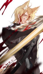 Rule 34 | 1boy, absurdres, animal ear fluff, animal ears, arknights, black coat, blonde hair, blood, blood on face, coat, commentary, english commentary, gauntlets, hair between eyes, highres, holding, holding sword, holding weapon, horse ears, ikag, long sleeves, looking at viewer, male focus, mlynar (arknights), motion blur, open mouth, short hair, solo, sword, upper body, weapon, yellow eyes