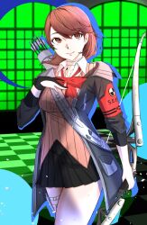 Rule 34 | 1girl, arrow (projectile), black gloves, black jacket, black skirt, bow, bow (weapon), bowtie, breasts, brown eyes, brown hair, cardigan, choker, closed mouth, collarbone, collared shirt, commentary, cowboy shot, earrings, gekkoukan high school uniform, gloves, gun, hand on own chest, hand up, highres, holding, holding bow (weapon), holding weapon, jacket, jewelry, medium breasts, miniskirt, nyuusai, open clothes, open jacket, persona, persona 3, persona 3 reload, pink cardigan, pleated skirt, red bow, red bowtie, school uniform, shirt, short hair, single glove, skirt, smile, solo, stud earrings, takeba yukari, thigh strap, weapon, white choker, white shirt