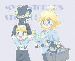 Rule 34 | 1boy, 1girl, :d, ahoge, akasaka (qv92612), arms up, basket, blonde hair, blue shirt, bonnie (pokemon), brother and sister, character doll, character print, clemont (pokemon), closed mouth, commentary request, creatures (company), doll, game freak, gen 4 pokemon, glasses, grey background, highres, holding, holding doll, jacket, luxio, luxray, medium hair, nintendo, open mouth, pokemon, pokemon xy, round eyewear, shinx, shirt, short sleeves, siblings, smile, t-shirt, tongue