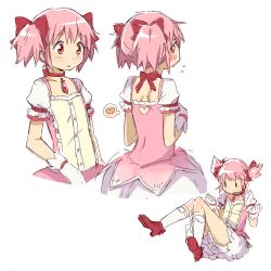 Rule 34 | 10s, 1girl, back cutout, bad id, bad pixiv id, clothing cutout, flying sweatdrops, gloves, heart, heart cutout, kaname madoka, kneehighs, magical girl, mahou shoujo madoka magica, mahou shoujo madoka magica (anime), pink eyes, pink hair, shoes, short twintails, simple background, socks, solo, soul gem, twintails, white background, yoplait