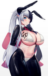 Rule 34 | 1girl, absurdres, animal ears, arms behind back, between breasts, bikini, black hair, black thighhighs, blue eyes, blush, body writing, breasts, closed mouth, commentary request, cowboy shot, grey eyes, heterochromia, highres, horns, huge breasts, looking at viewer, meme attire, multicolored hair, navel, necktie, necktie between breasts, original, oukafafafa, pointy ears, rabbit ears, red necktie, reverse bunnysuit, reverse outfit, shrug (clothing), simple background, solo, split-color hair, standing, swimsuit, tearing up, thighhighs, two-tone hair, white background, white bikini, white hair
