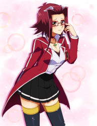 Rule 34 | 1girl, adjusting eyewear, bad id, bad pixiv id, bespectacled, black skirt, black thighhighs, blush, breasts, brown eyes, chiyo (no3baki), choker, cleavage, coat, cowboy shot, duel academy uniform (yu-gi-oh! 5d&#039;s), glasses, izayoi aki, jewelry, large breasts, leaning forward, long sleeves, looking at viewer, necklace, pleated skirt, red-framed eyewear, red coat, red hair, school uniform, shirt, short hair, short hair with long locks, skirt, smile, solo, tareme, thighhighs, white shirt, yu-gi-oh!, yu-gi-oh! 5d&#039;s, zettai ryouiki