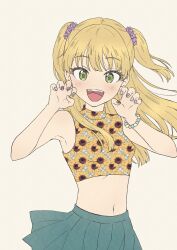 Rule 34 | 1girl, :d, absurdres, bead bracelet, beads, blonde hair, bracelet, breasts, claw pose, crop top, fangs, floating hair, floral print, green eyes, green skirt, hair ornament, hair scrunchie, highres, idolmaster, idolmaster cinderella girls, isshokuitaru, jewelry, jougasaki rika, long hair, looking at viewer, midriff, miniskirt, nail art, nail polish, navel, open mouth, pleated skirt, purple scrunchie, scrunchie, simple background, skirt, sleeveless, small breasts, smile, solo, sunflower print, two side up