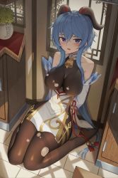 Rule 34 | 1girl, absurdres, ahoge, arms behind back, bare shoulders, bell, black pantyhose, blue hair, blush, bodystocking, bound, bound arms, breasts, cowbell, flower knot, ganyu (genshin impact), genshin impact, goat horns, goback, hair between eyes, highres, horns, large breasts, long hair, looking at viewer, no shoes, open mouth, pantyhose, purple eyes, restrained, sitting, solo, torn bodystocking, torn clothes, torn pantyhose, vision (genshin impact), wariza