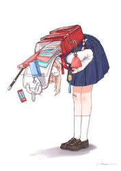 Rule 34 | 1girl, absurdres, accident, aged down, backpack, bag, bandaid, bandaid on knee, bandaid on leg, blonde hair, bowing, brown footwear, child, crime prevention buzzer, falling, flute, highres, indie virtual youtuber, instrument, loafers, pouch, randoseru, recorder, recorder case, school uniform, shigure ui (vtuber), shigure ui (vtuber) (young), shoes, signature, simana, simple background, socks, solo, spilling, standing, virtual youtuber, white background, white socks