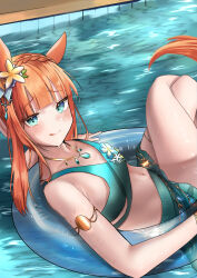 Rule 34 | 1girl, :p, absurdres, alternate costume, alternate hairstyle, animal ears, blue eyes, braid, breasts, commentary request, crown braid, flower, hair flower, hair ornament, highres, horse ears, innertube, jewelry, looking at viewer, navel, necklace, official alternate costume, official alternate hairstyle, orange hair, po musubi, pool, silence suzuka (emerald on the waves) (umamusume), silence suzuka (umamusume), small breasts, smile, solo, swim ring, tongue, tongue out, umamusume, water