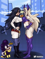 Rule 34 | 1girl, 2girls, absurdres, ass, asymmetrical docking, belt, black hair, blazinahegao, blonde hair, bodysuit, boku no hero academia, boots, breast press, breasts, collar, constricted pupils, corset, cuffs, domino mask, fake horns, full body, garter straps, gloves, handcuffs, highres, horns, large breasts, lipstick, long hair, looking at another, makeup, mask, midnight (boku no hero academia), mineta minoru, mount lady, multiple girls, open mouth, outdoors, smile, standing, teeth, upper teeth only