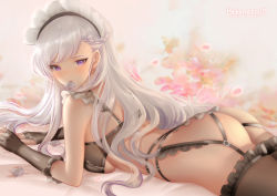 Rule 34 | 1girl, alternate costume, ass, azur lane, belfast (azur lane), black bra, black thighhighs, blush, bra, braid, breasts, condom, condom in mouth, condom wrapper, elbow gloves, fingerless gloves, floral background, frilled thighhighs, frills, garter straps, gloves, heheneko, large breasts, long hair, looking at viewer, lying, maid, maid headdress, mouth hold, purple eyes, see-through, silver hair, smile, solo, thighhighs, underwear