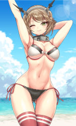 Rule 34 | 10s, 1girl, armpits, arms up, beach, bikini, blush, breasts, brown hair, cameltoe, day, green eyes, hairband, headgear, kantai collection, kase daiki, large breasts, lens flare, looking at viewer, mutsu (kancolle), navel, one eye closed, red thighhighs, shiny skin, short hair, side-tie bikini bottom, smile, solo, stomach, summer, swimsuit, thigh gap, thighhighs, thighs, underboob