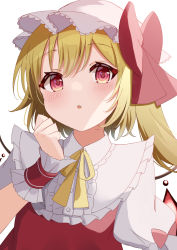 Rule 34 | 1girl, blonde hair, bow, crystal, flandre scarlet, hat, highres, kamachi (kamati0maru), looking at viewer, one side up, open mouth, red bow, red eyes, simple background, solo, touhou, upper body, white background, white hat, wings, wrist cuffs
