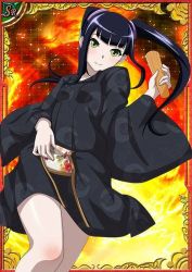 Rule 34 | 00s, 1girl, bare legs, black hair, breasts, card (medium), dress, female focus, hair ornament, ikkitousen, japanese clothes, kimono, long hair, looking at viewer, lying, saji genpou (true), shiny skin, small breasts, solo, twintails, wet, yellow eyes