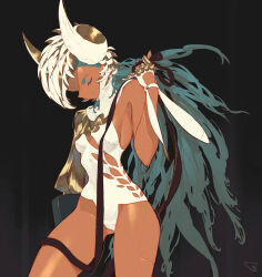 Rule 34 | 1girl, blue hair, breasts, cleavage cutout, closed eyes, clothing cutout, cowboy shot, dark-skinned female, dark skin, gloves, gluteal fold, gold trim, head down, headdress, highres, horns, leotard, long hair, original, side cape, side cutout, sideboob, signature, simple background, small breasts, solo, spiked gloves, spikes, standing, strap, superboltkbh, tan, very long hair, white gloves, white headdress, white horns, white leotard