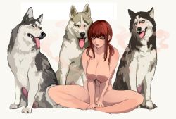 Rule 34 | 1girl, 3boys, animal penis, bestiality, breasts, chainsaw man, dog, highres, imminent penetration, interspecies, large breasts, makima (chainsaw man), mamimi (mamamimi), mature female, meme, meme attire, multiple boys, no pants, nude, penis, ringed eyes, sexually suggestive, simple background, thighs, white background