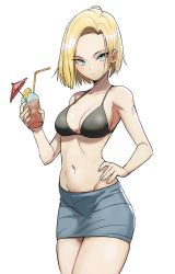 Rule 34 | 1girl, absurdres, alternate costume, android 18, bare legs, bikini, bikini top only, black bikini, blonde hair, blue eyes, blue skirt, breasts, cleavage, closed mouth, cocktail umbrella, commentary, cowboy shot, cup, dragon ball, dragonball z, drink, drinking straw, english commentary, expressionless, food, forehead, fruit, groin, hand on own hip, highres, holding, holding cup, kiritzugu, lemon, lemon slice, looking at viewer, medium breasts, midriff, miniskirt, navel, parted bangs, short hair, simple background, skirt, solo, swimsuit, thighs, white background