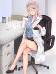 Rule 34 | 10s, 1girl, bespectacled, chair, clipboard, collarbone, crossed legs, desk, doctor, glasses, grey hair, head rest, headband, irohakaede, kantai collection, lab coat, legs, long sleeves, office chair, shoukaku (kancolle), sitting, smile, solo, swivel chair